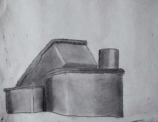 Sketch of a modern building with geometric shapes and a tower, drawn in black and white.