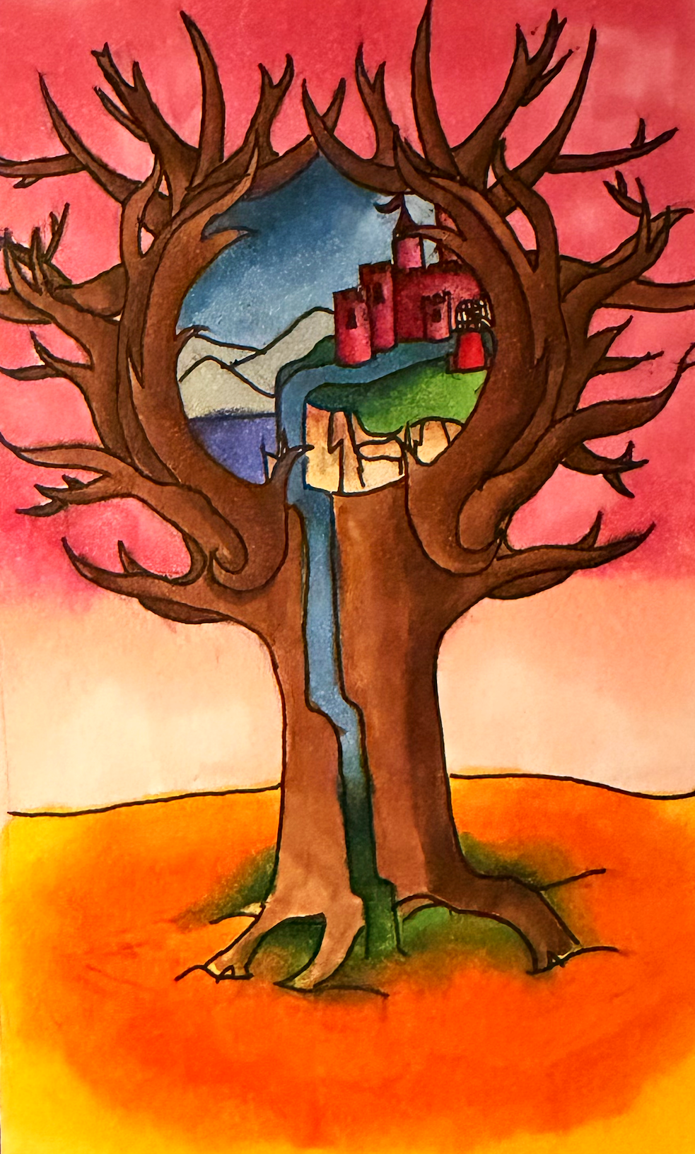 A colorful illustration of a large tree with a hollow opening. Inside the hollow, there's a small castle on a hill, a flowing river, snow-capped mountains, and a starry sky, all seen through the tree's opening. The background features a pink and oran
