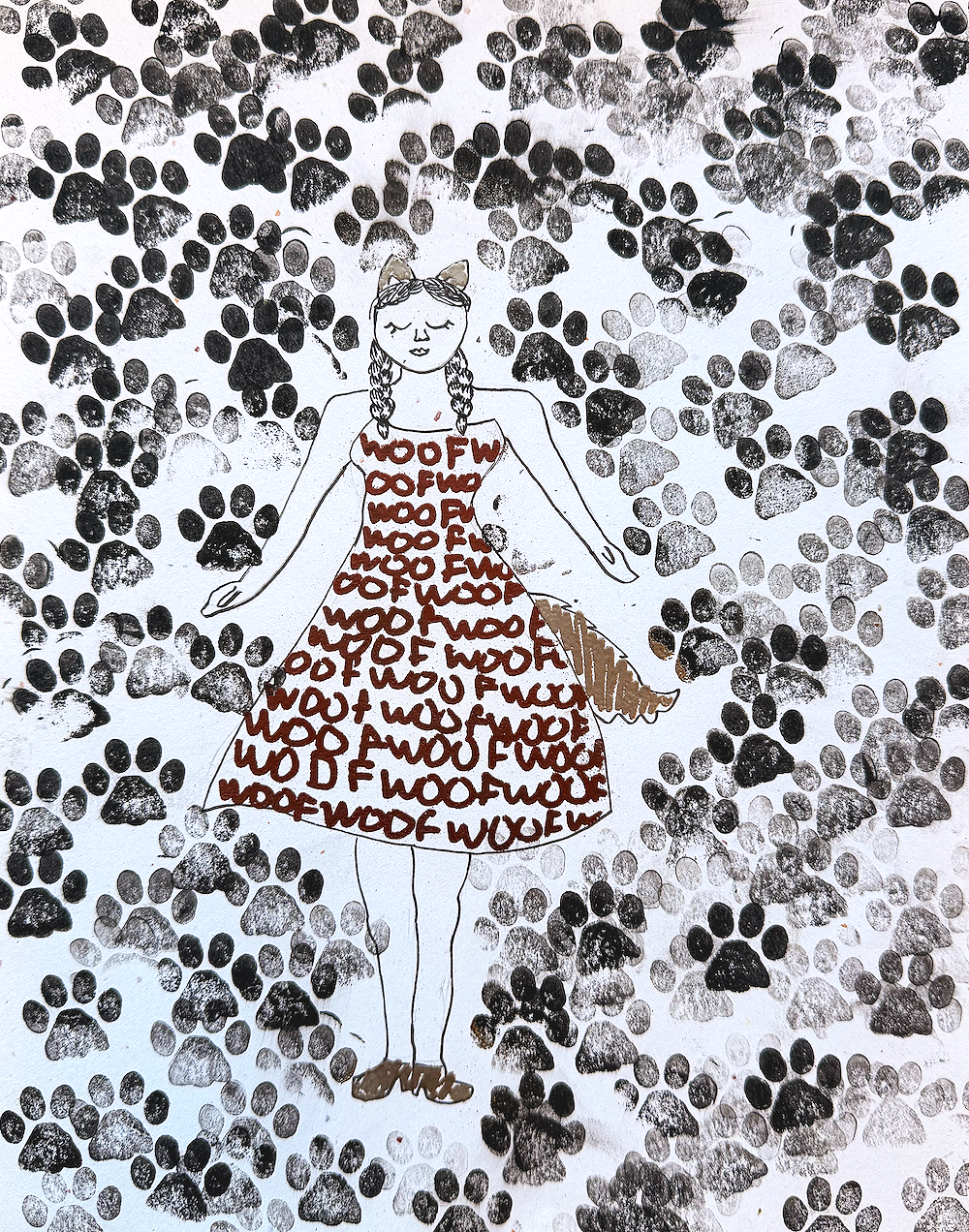 A drawing of a girl with braided hair wearing a dress covered in the word 'woof' and a collar, standing among numerous black and gray paw prints.