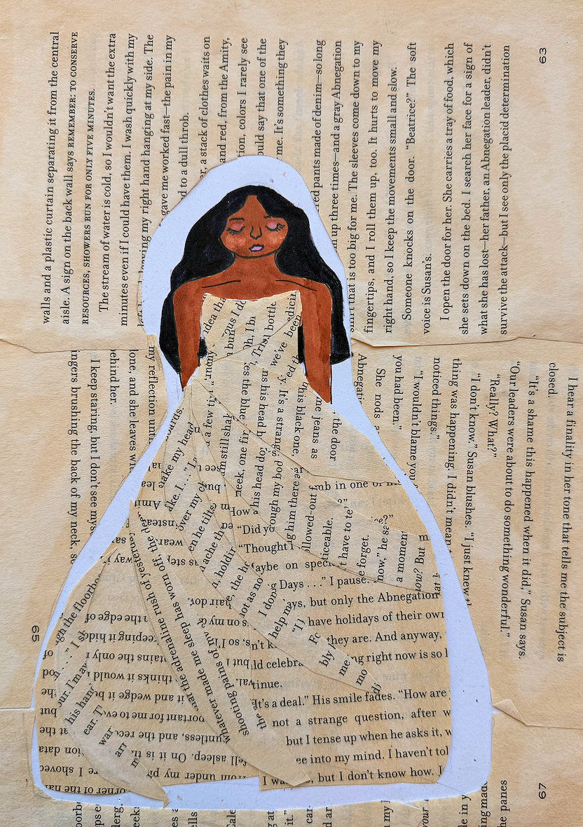 Mixed media collage artwork featuring a woman with dark hair, brown skin, pink lips, and closed eyes, set against layered torn newspaper pages.