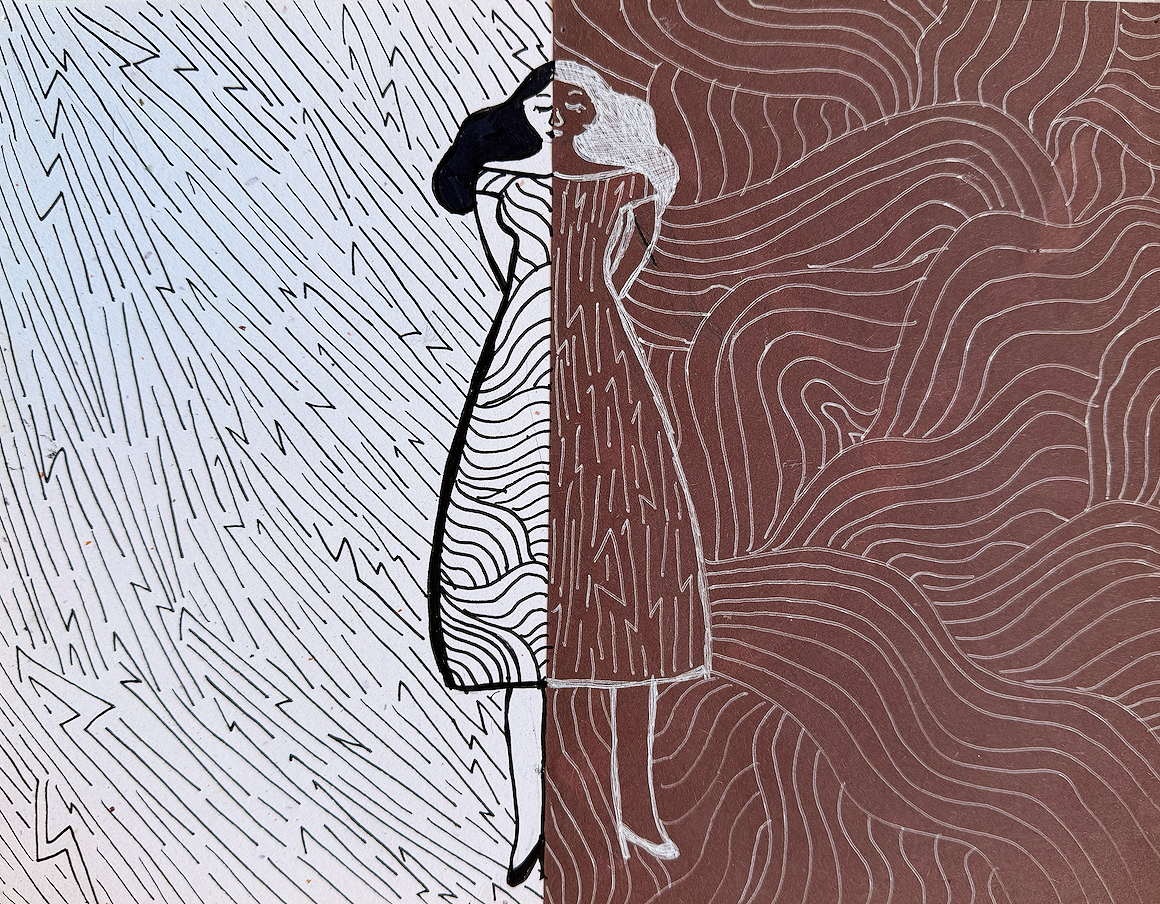 A line art illustration of two women hugging, split down the middle with contrasting backgrounds; the left side has lightning and storm elements in black and white, and the right side features flowing lines in brown.