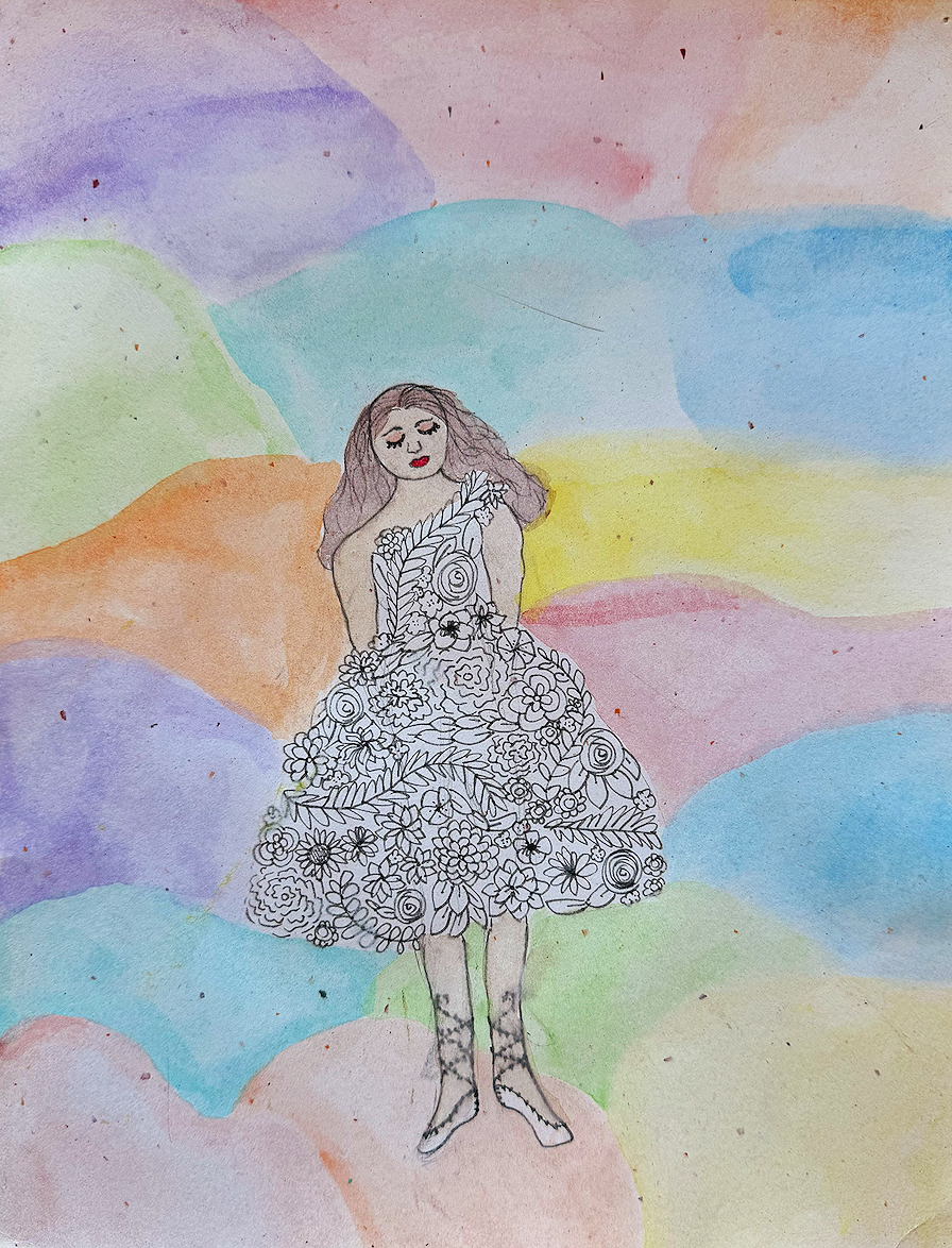 A watercolor illustration of a girl with long hair, wearing a dress made of detailed floral patterns, standing on a pastel-colored abstract background.