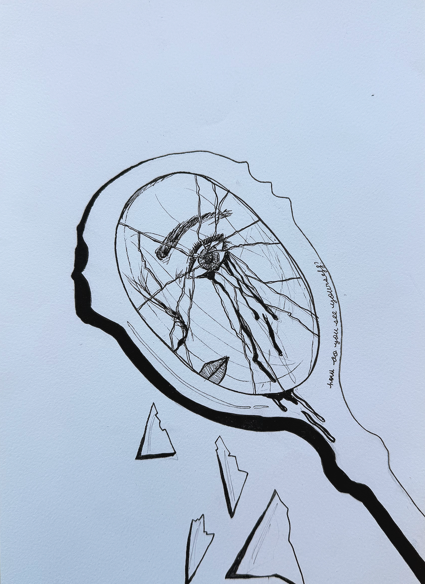 Black ink drawing of a broken clock face with wires and moving parts inside, surrounded by shattered pieces and splatters.