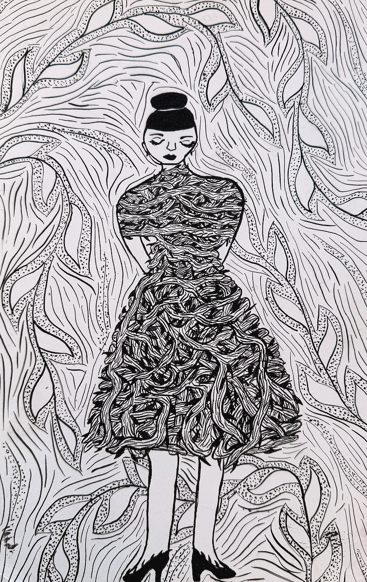 Black and white drawing of a woman with her hair in a bun, wearing a dress made of swirling, root-like patterns, standing amidst a background of flowing lines and leaf shapes.
