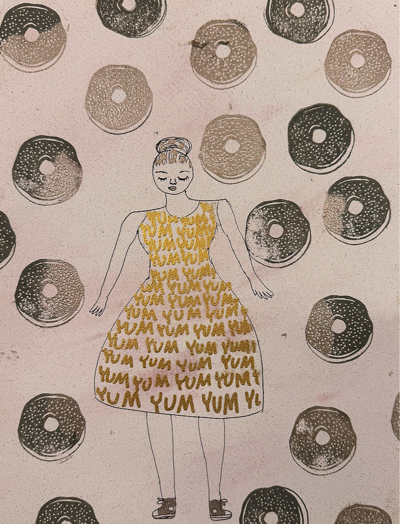 A hand-drawn illustration of a woman with her hair in a bun, wearing a dress decorated with the words 'YUM' repeated throughout. The background features a pattern of donuts, some shaded and some outlined. The woman has closed eyes and a calm expressi