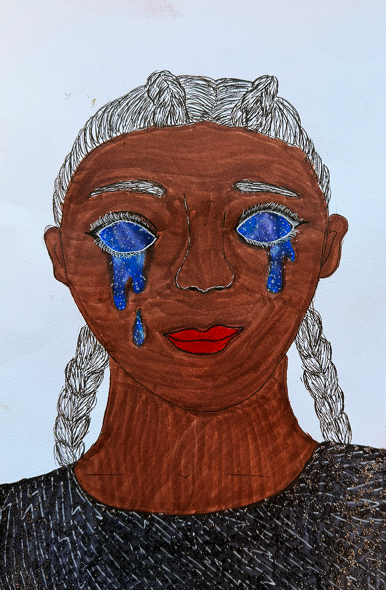 Drawing of a woman with dark skin and braided hair, crying big blue tears.