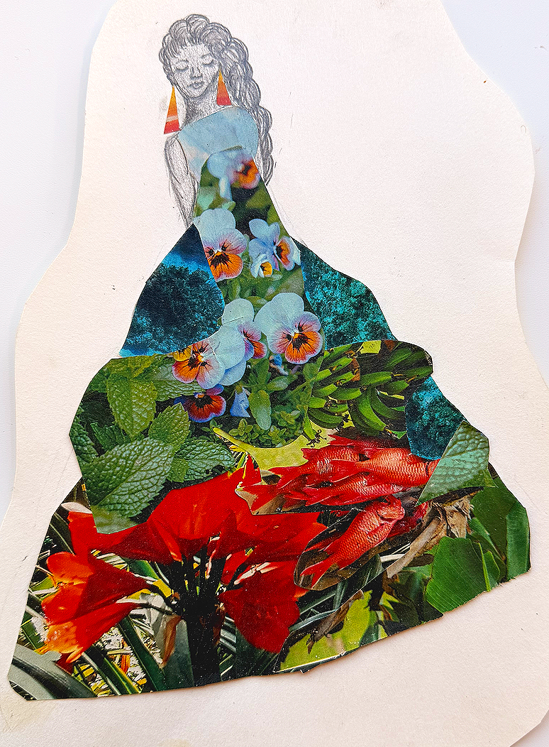 A collage artwork of a woman with long, wavy hair, depicted with pencil in the upper part, and the dress made of cutouts of colorful floral and plant images.