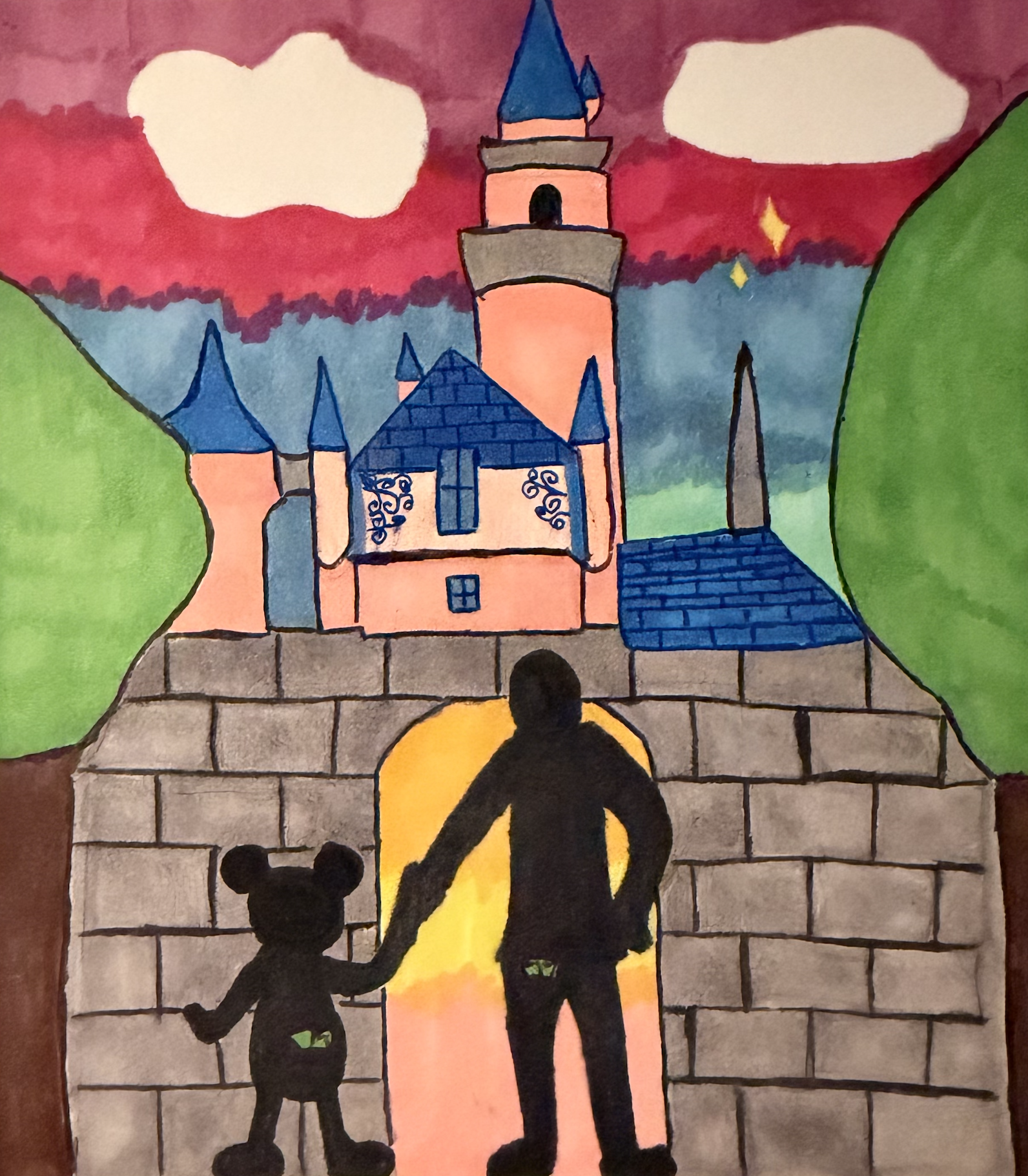 Watercolor painting of a castle with an orange and blue tower, a person and a mouse standing on a stone wall, watching a sunset sky with clouds and stars.