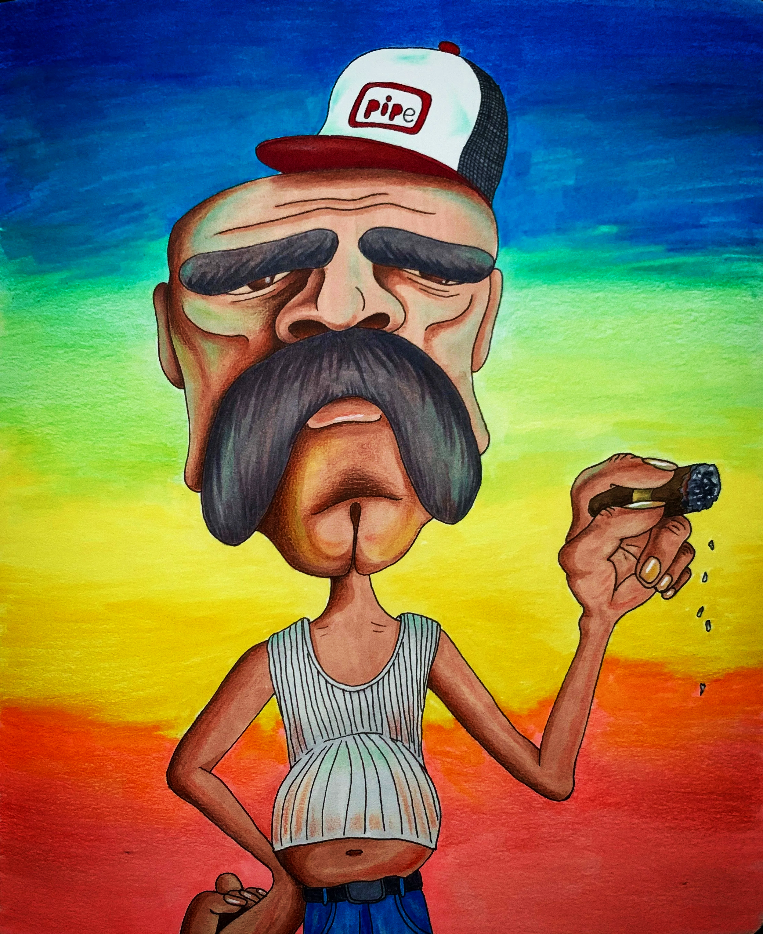 A cartoon illustration of a man with a large mustache and beard, wearing a striped tank top, a white and black trucker hat with the word "PIPE" on it, holding a lit cigar and standing against a colorful gradient background of blue, yellow, and red.