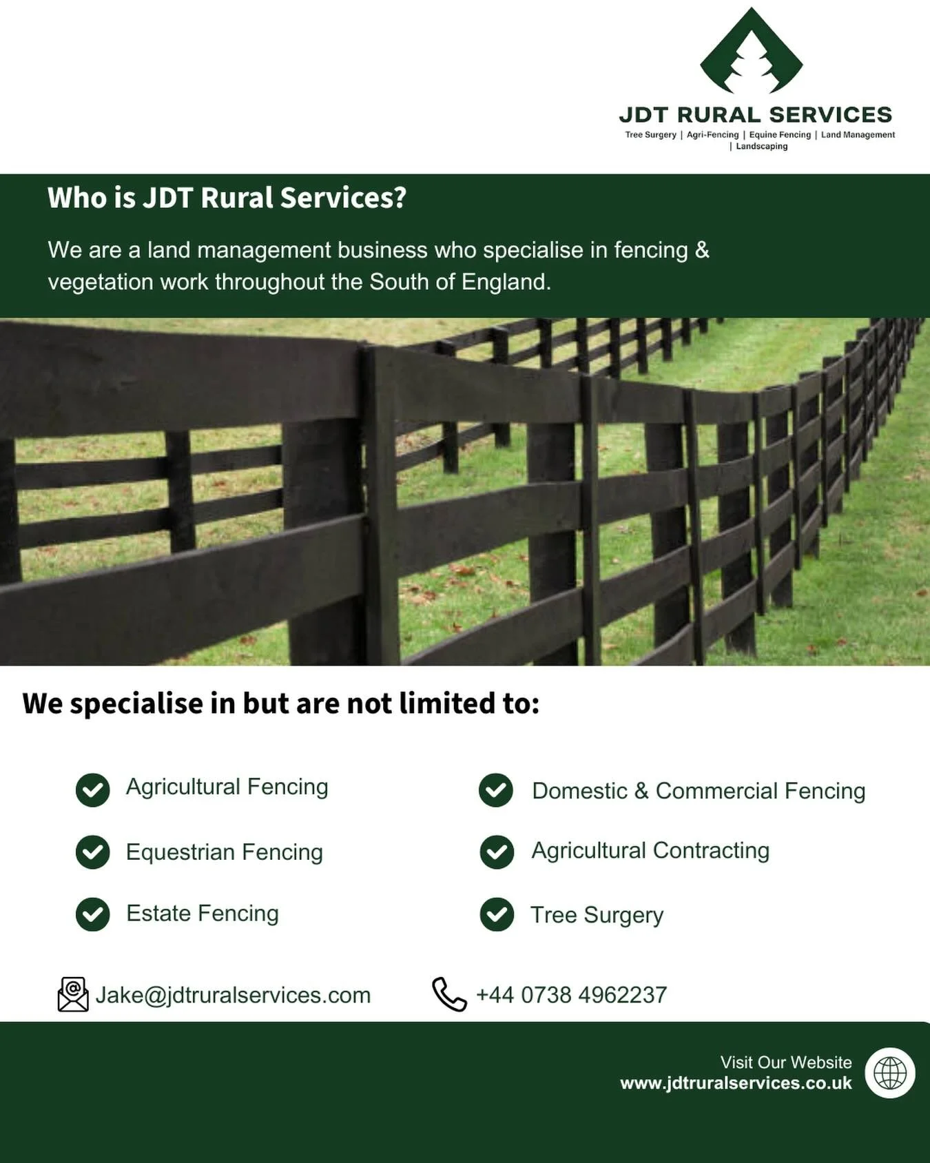 Looking for professional fencing or land management in the South of England? 🌳

At JDT Rural Services, we specialise in high-quality agricultural, equestrian, and domestic fencing, as well as tree surgery and vegetation work. No job is too big or to