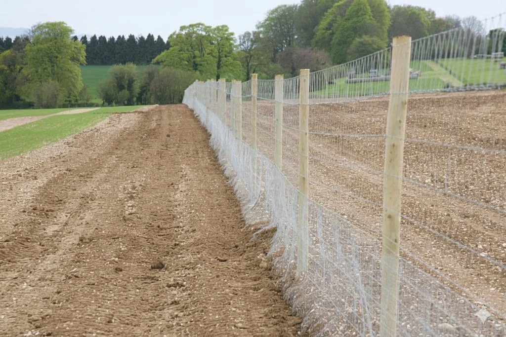 A newly constructed Stock fence with wooden posts borders a tilled agricultural field on a rural hillside.