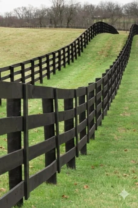 Black wooden fence with a zigzag pattern running across a grassy field, with trees in the background.