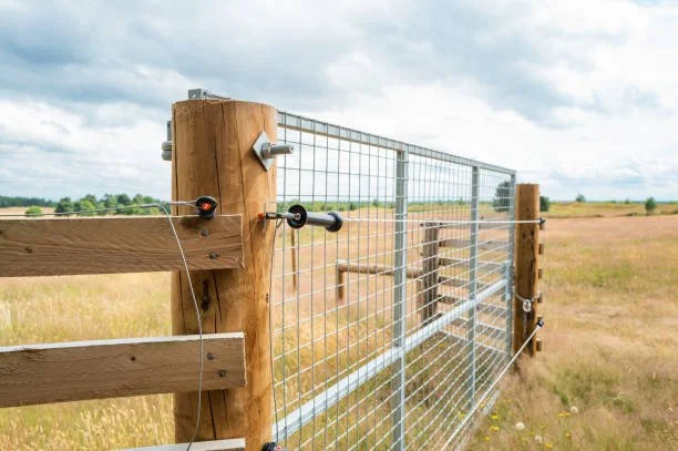 A metal and wood gate on a fenced field, overlooking a grassy landscape with trees in the distance.