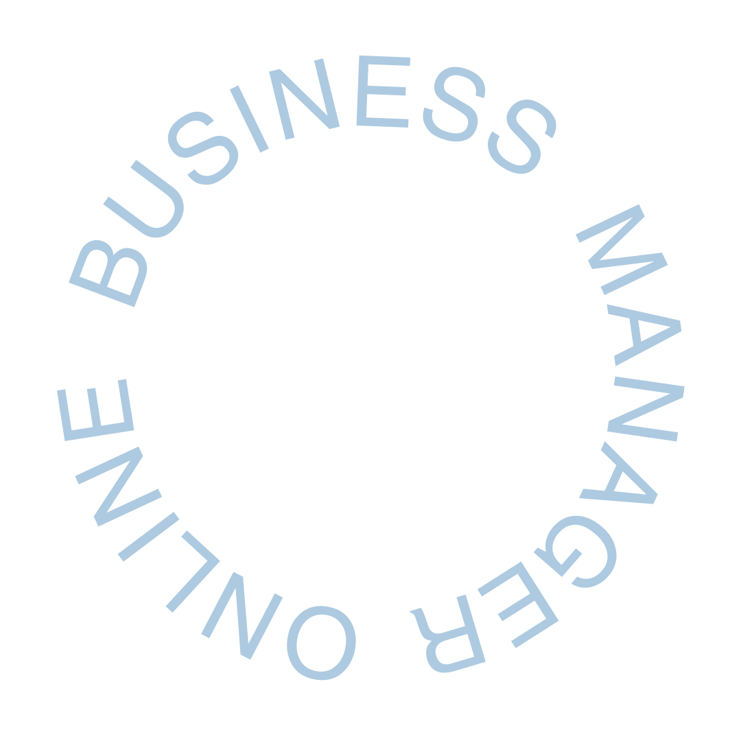 Circular text in light blue reading "ONLINE BUSINESS MANAGER" on a photo and tan background.