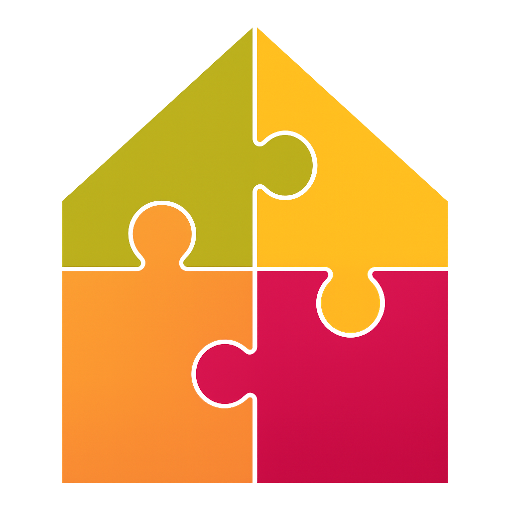 A colorful house made of four jigsaw puzzle pieces in yellow, green, orange, and red.