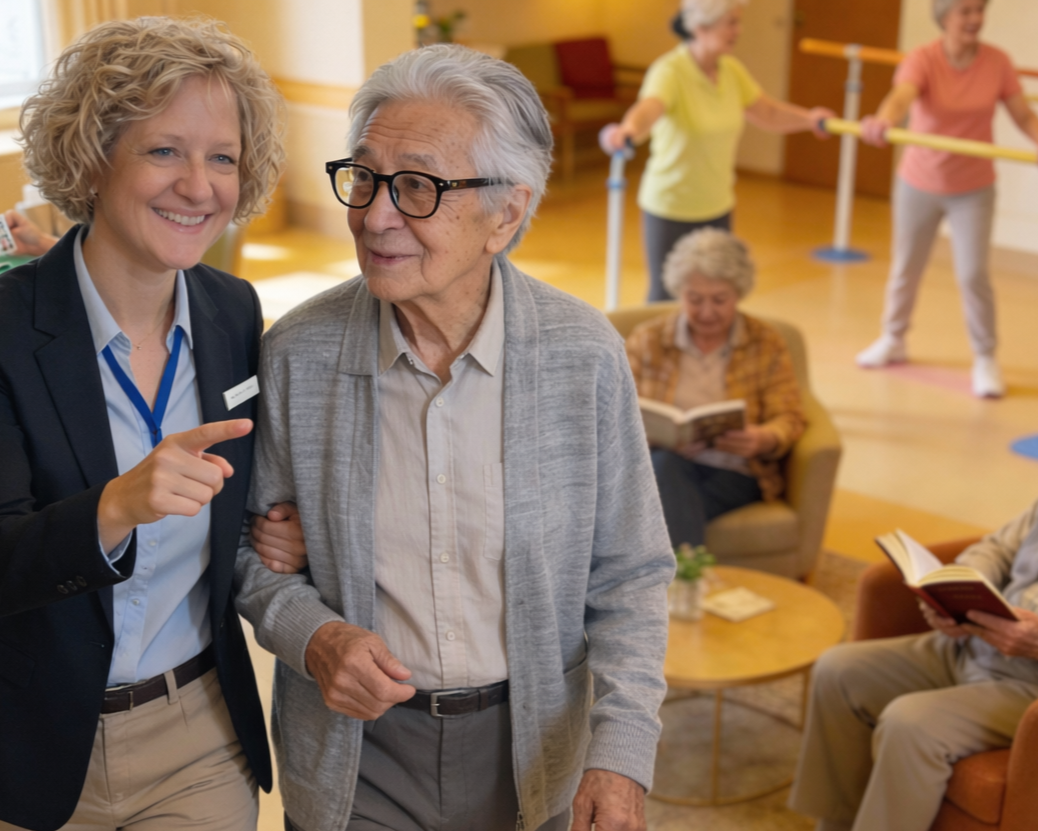 A smiling caregiver helps an elderly woman walk in a community room, with other residents reading and exercising in the background.