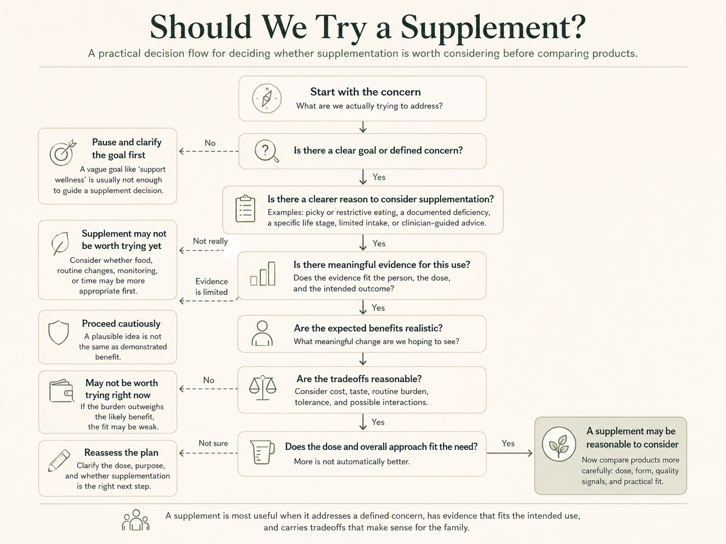 Flowchart titled Should We Try a Supplement showing an evidence-informed decision framework for clarifying need, evidence, tradeoffs, and whether supplementation is worth considering.