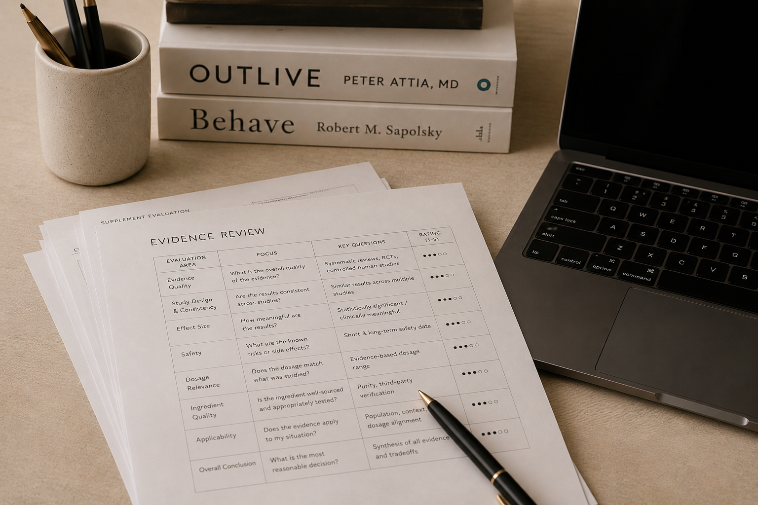 An evidence review framework document alongside reference books — representing the structured methodology behind Evidence First Wellness