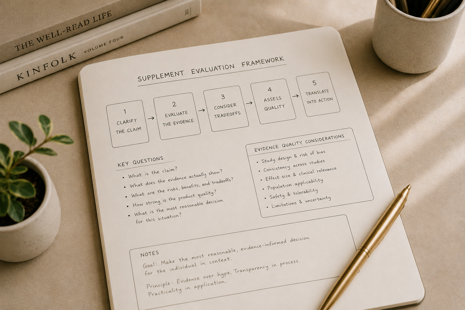 A structured supplement evaluation framework worksheet — the visual methodology behind Evidence First Wellness