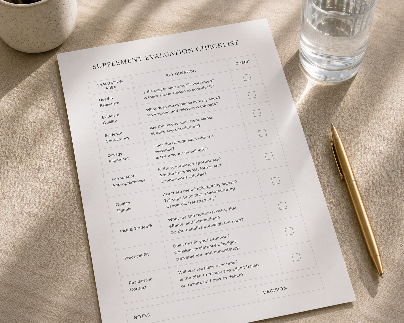The Evidence First Wellness Supplement Evaluation Checklist — a one-page structured framework for evidence-informed supplement decisions