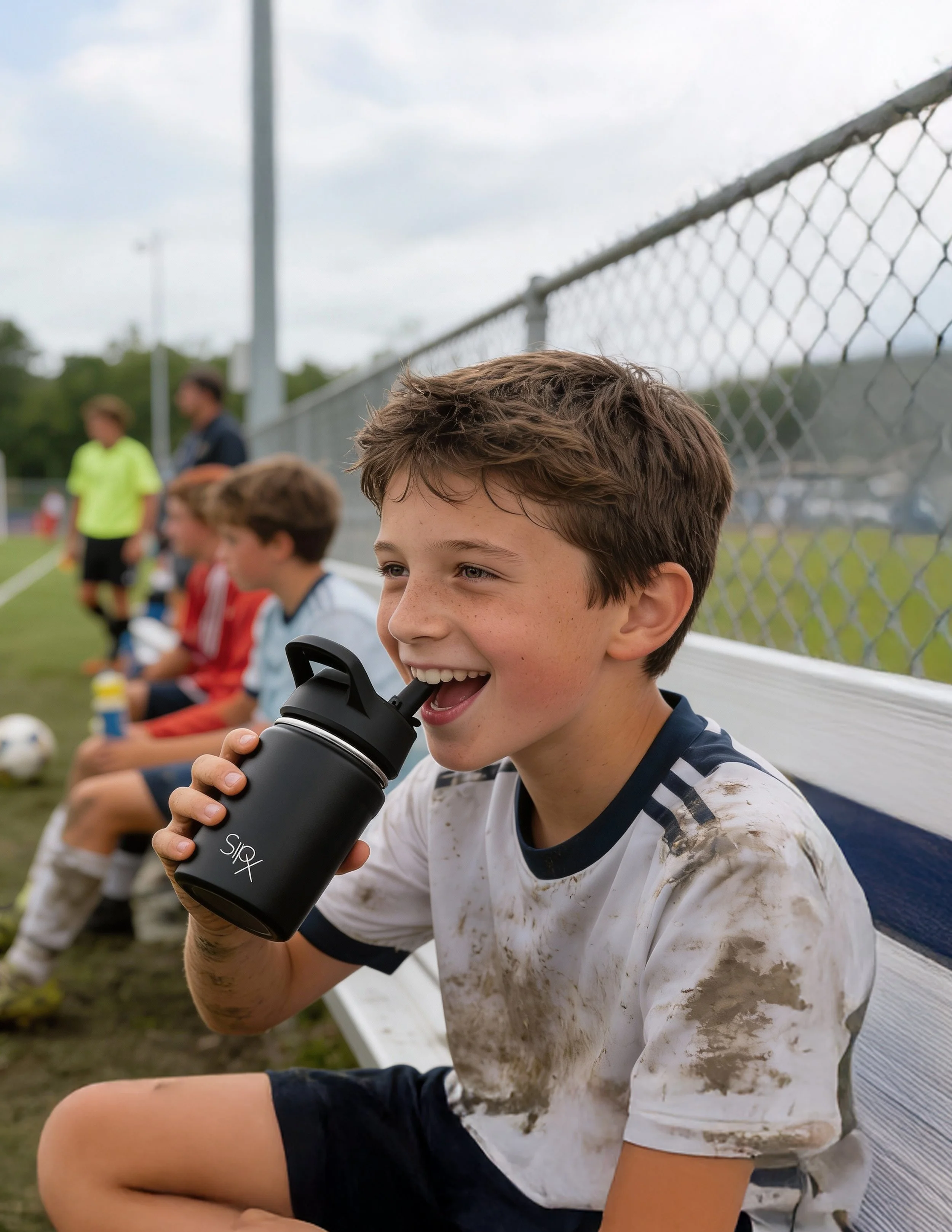 Young boy in a dirty soccer uniform drinking water from a black bottle on the sidelines of a soccer field with other players and a referee in the background.