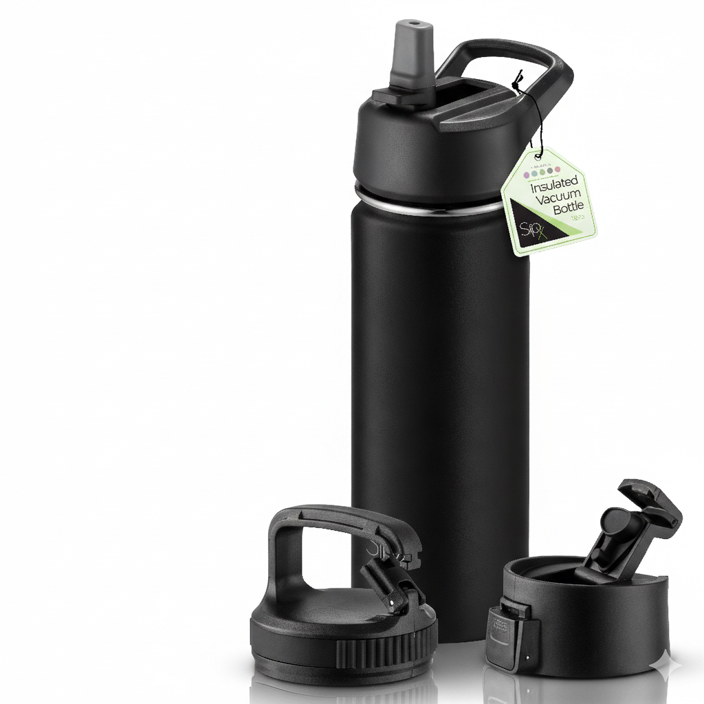 Insulated Water Bottle with 3 Lids - Leakproof Stainless Steel - Cold 24 Hours/Hot 12 Hours