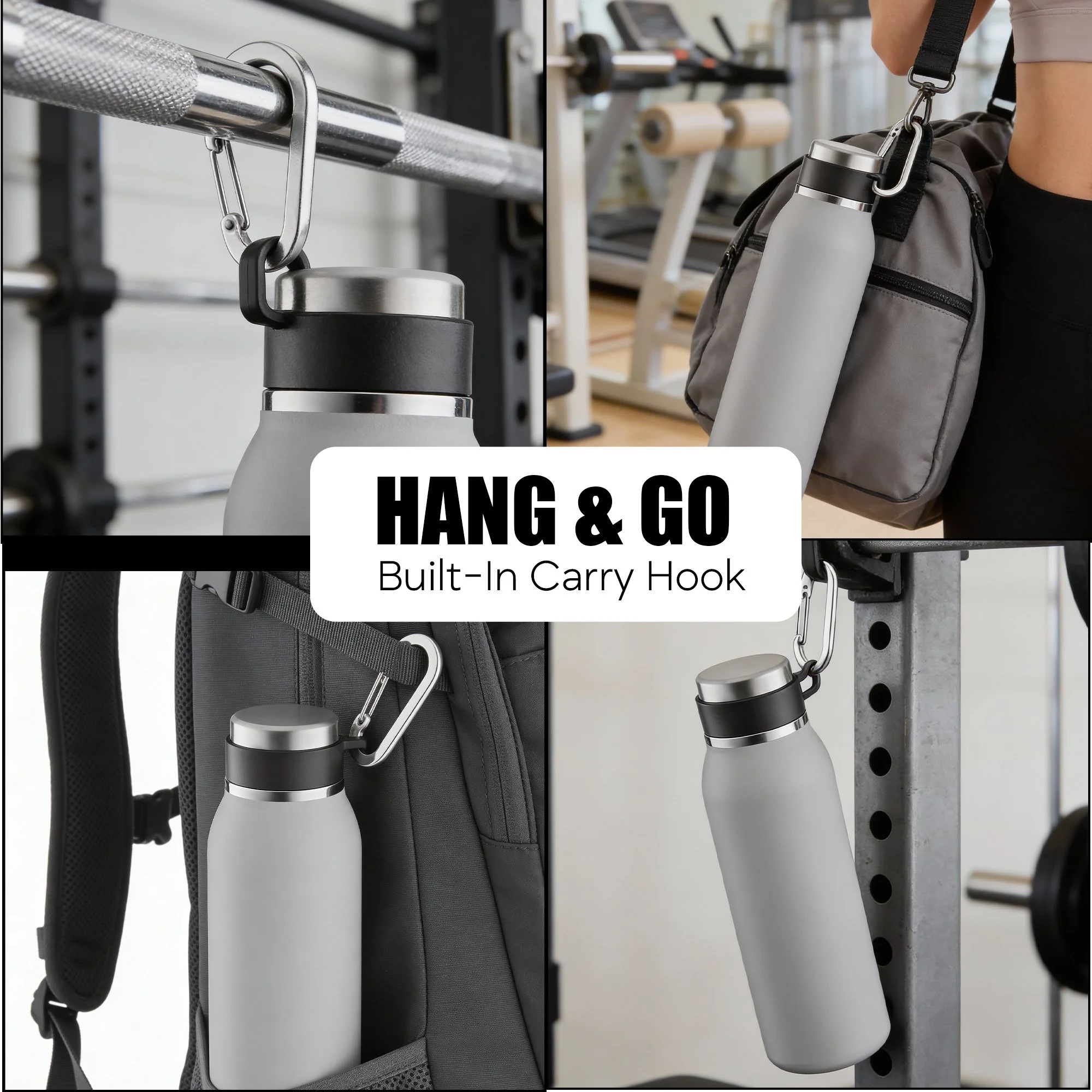 A reusable water bottle with a built-in carry hook, shown hanging on gym equipment and a backpack in a workout gym.