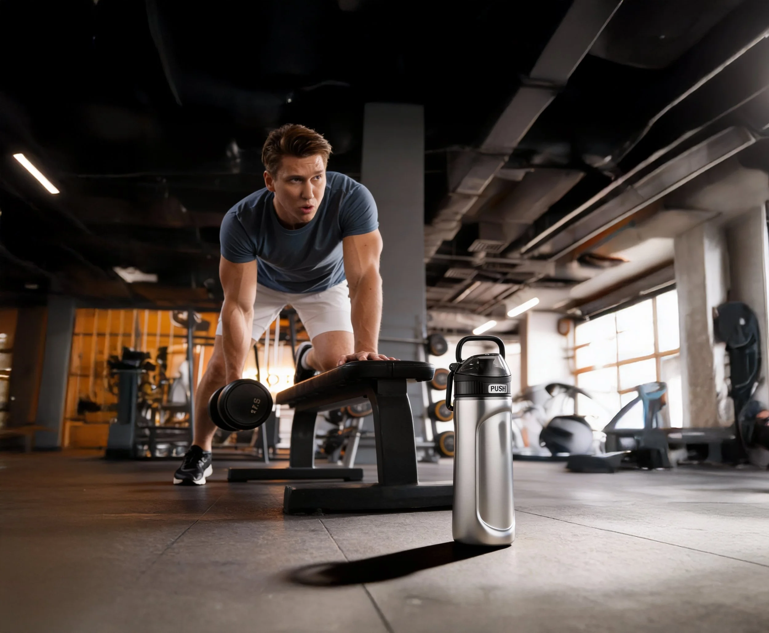 Man in a gym performing a plank exercise on a bench with a water bottle nearby.