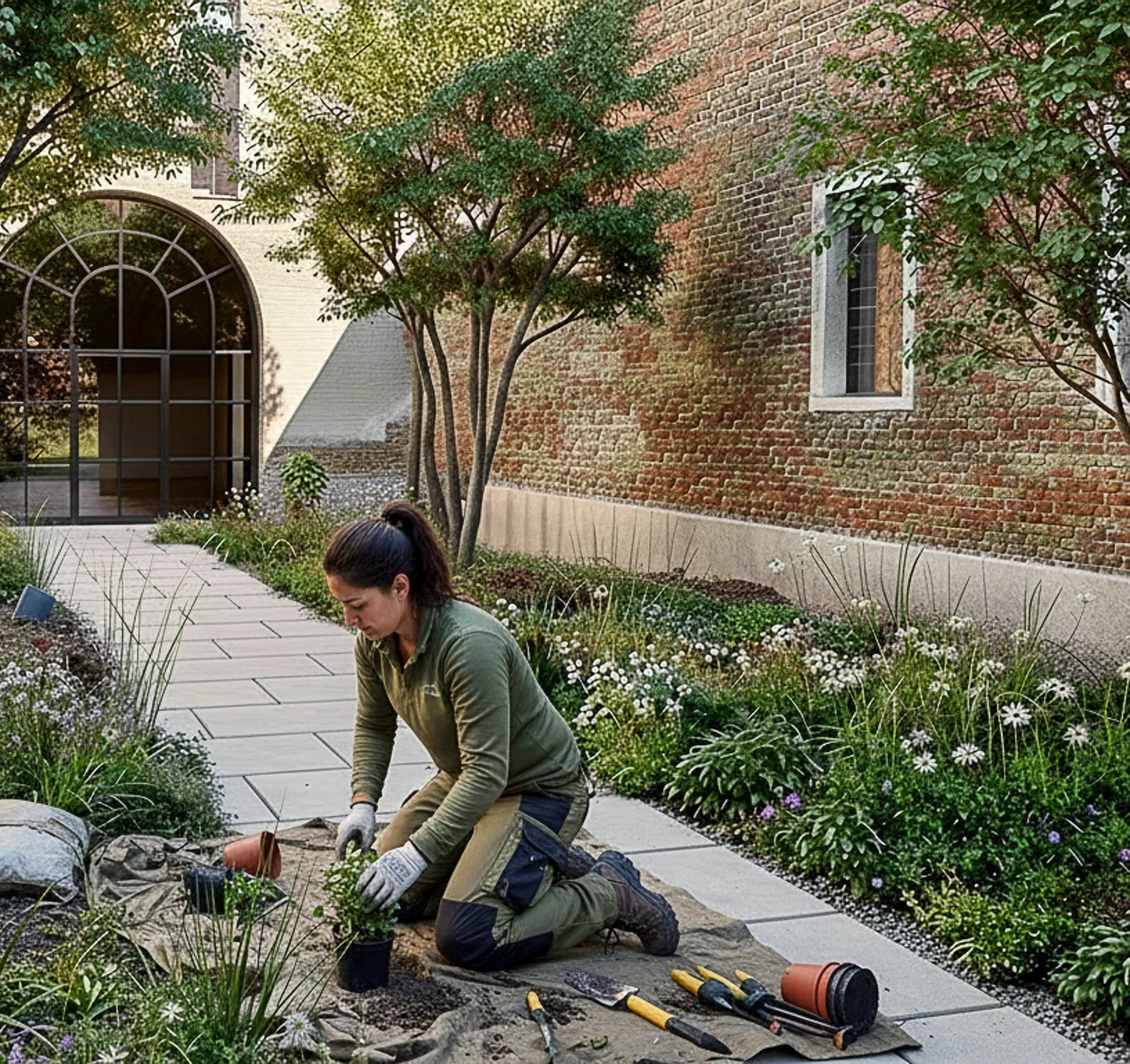 A woman kneels on the ground planting flowers in a garden bed next to a brick building, with trees and flowering plants lining a stone pathway.