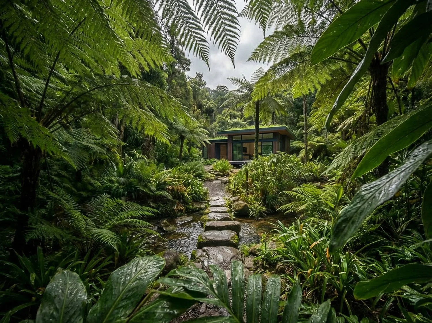 A modern house surrounded by lush, dense tropical jungle, with a stone pathway crossing a small stream leading up to the house.