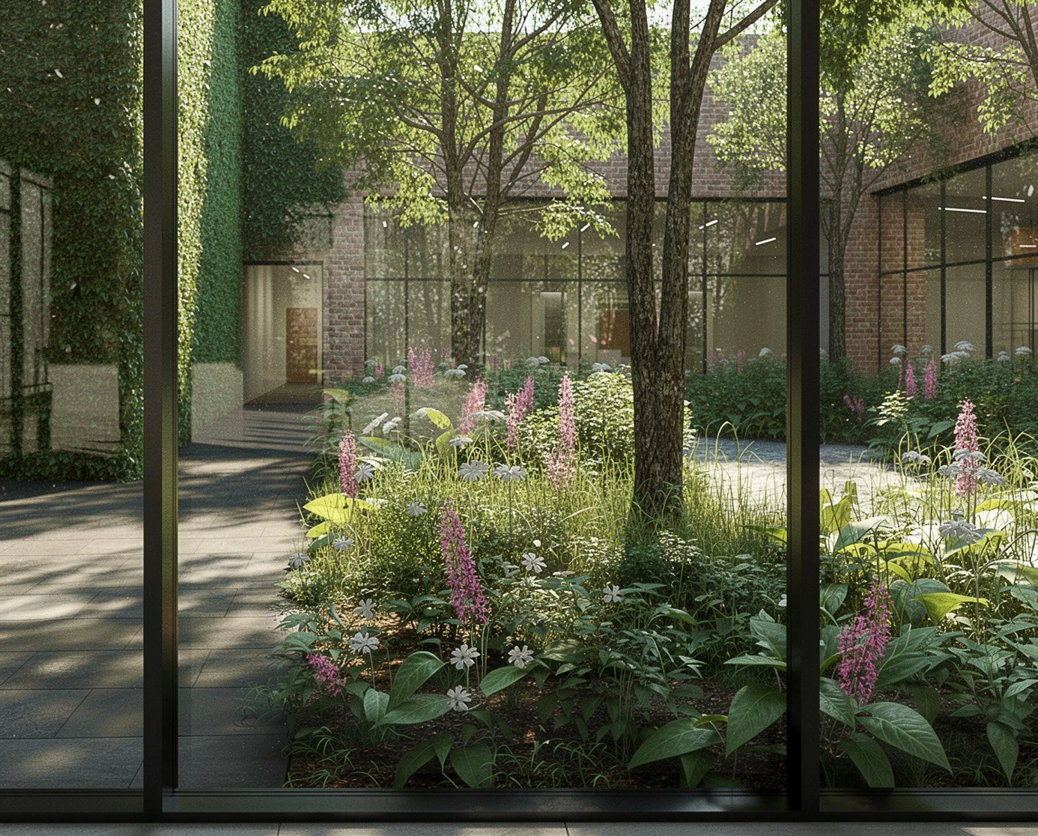 Indoor view of a garden with flowering plants, trees, and sunlight shining through large glass windows.