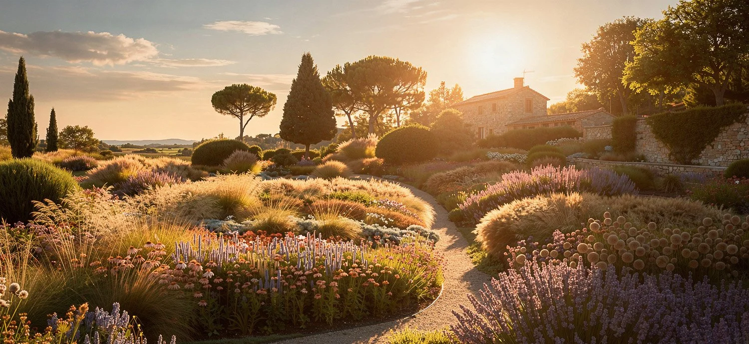 Sunset over a garden with colorful flowers and trees, stone house in the background