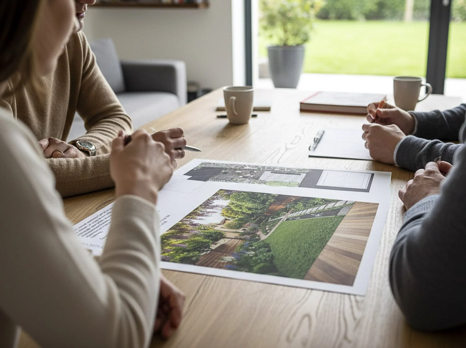 Three people sit around a wooden table discussing landscape design plans, with printed landscape images, coffee mugs, and a notepad on the table, and large windows showing greenery outside.