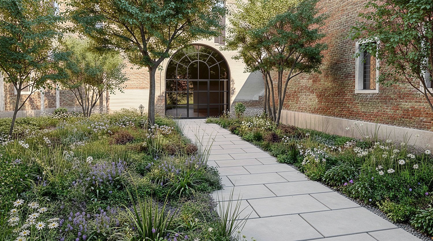Pathway leading to a glass door, lined with lush greenery and flowering plants on both sides, flanked by red brick walls and small trees.