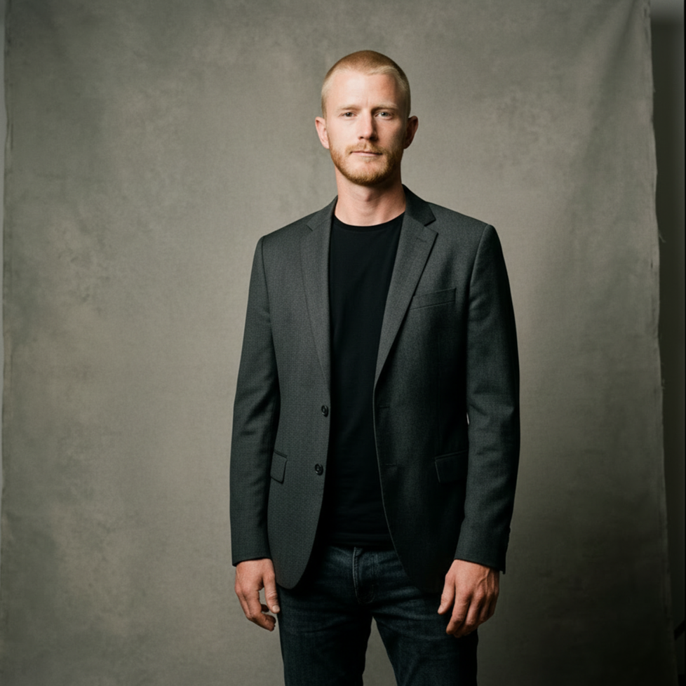 Portrait of a man with short blond hair and a beard wearing a dark gray blazer over a black shirt, standing against a plain gray background.
