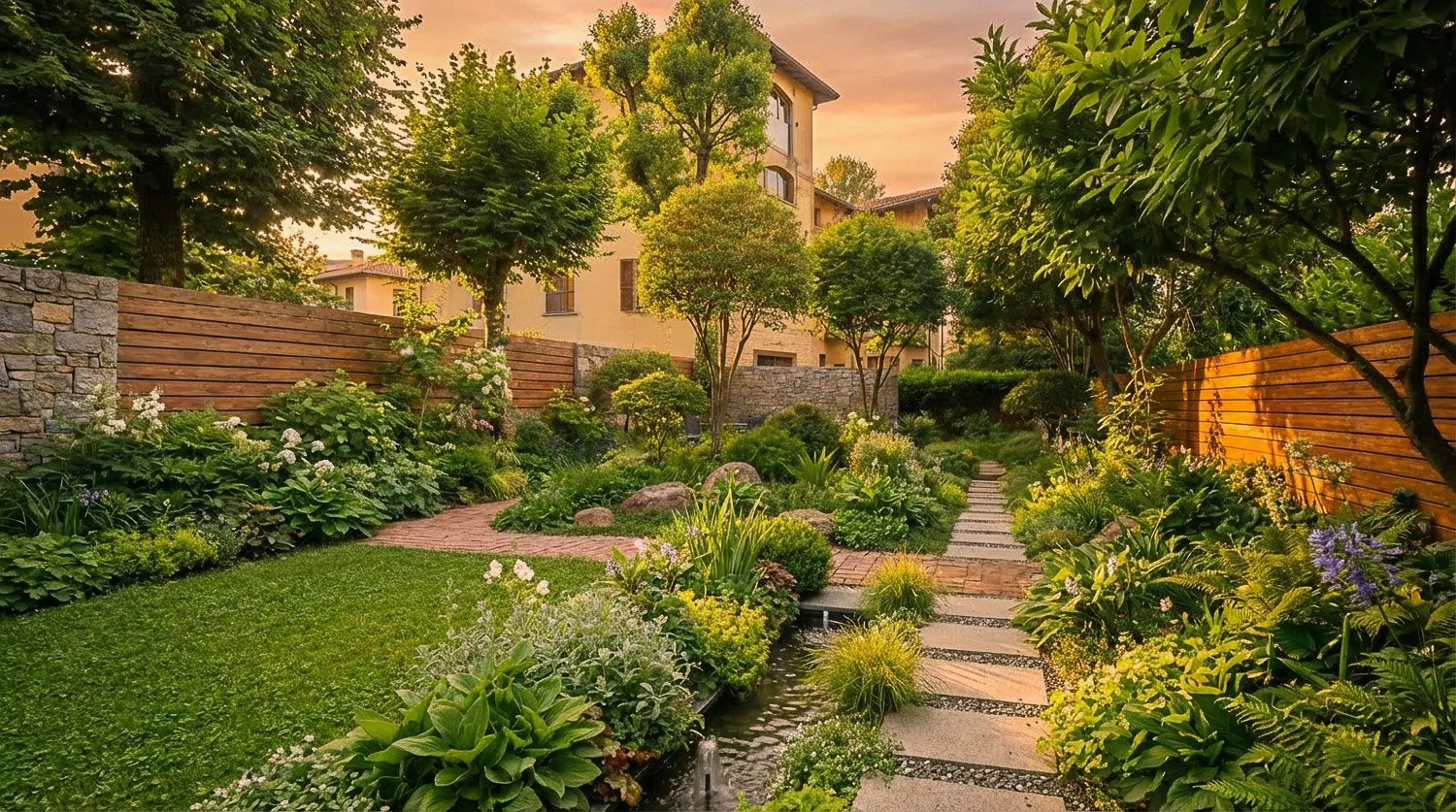 A lush garden with a brick pathway, various green plants, trees, and flowering bushes, surrounded by a wooden and stone fence, during sunset.