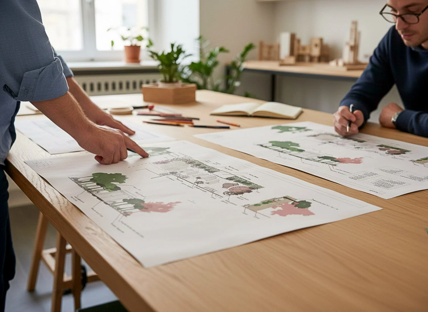 Two people working on landscape design plans laid out on a wooden table in an office.