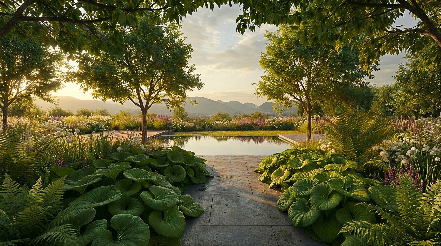 A serene garden landscape with a rectangular pool in the center, surrounded by lush greenery, trees, and colorful flowers, with mountains in the background at sunset.