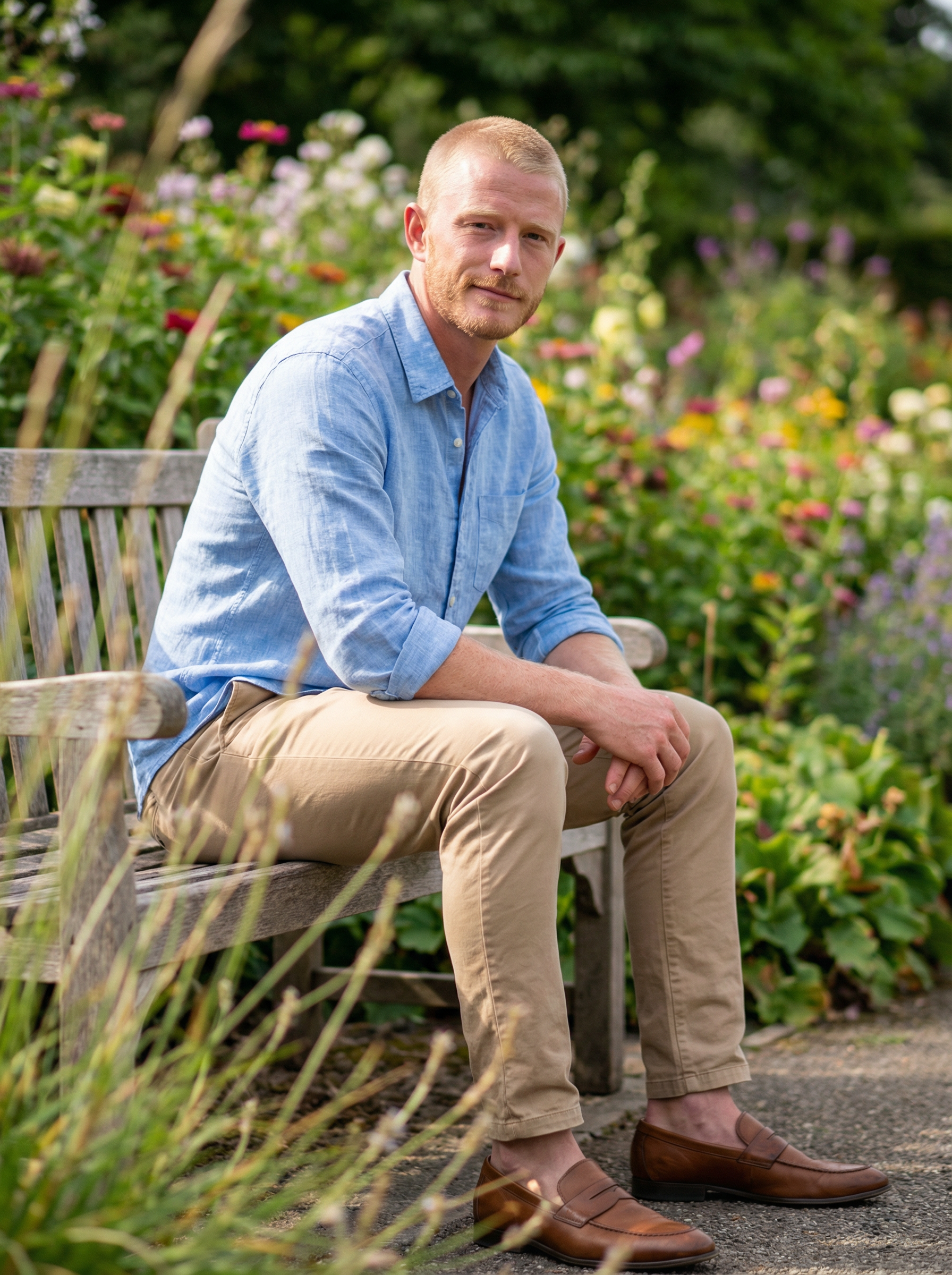 A man with short blond hair and a beard sitting on a wooden bench in a garden, wearing a light blue button-up shirt, khaki pants, and brown loafers, with greenery and colorful flowers in the background.