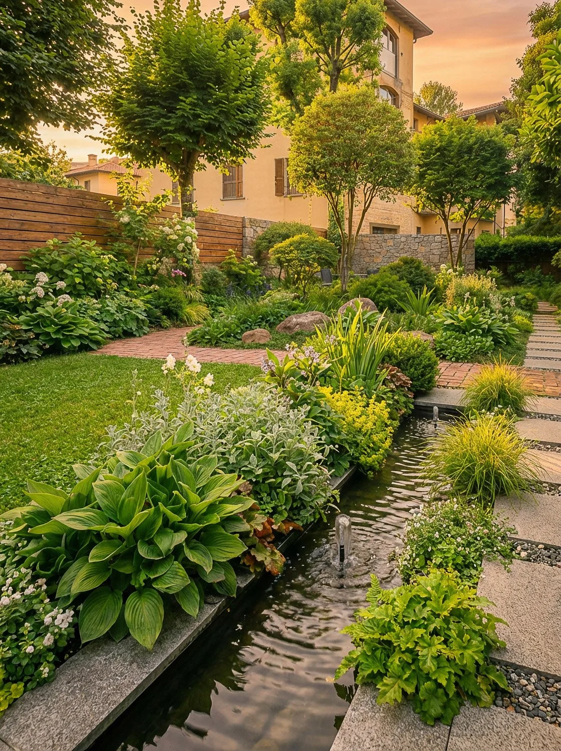 A lush garden with various green plants, trees, and a small pond with water streams, bordered by stone and brick pathways, with a house in the background at sunset.