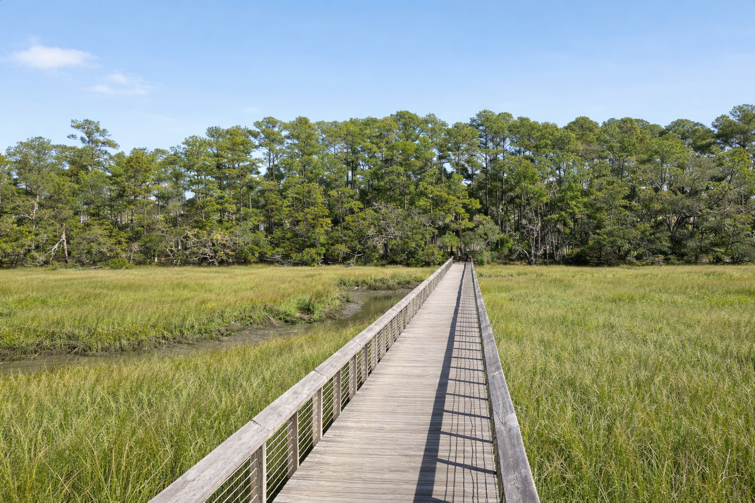 A wooden footbridge extending across a marshy meadow towards a dense forest of pine trees under a clear blue sky.