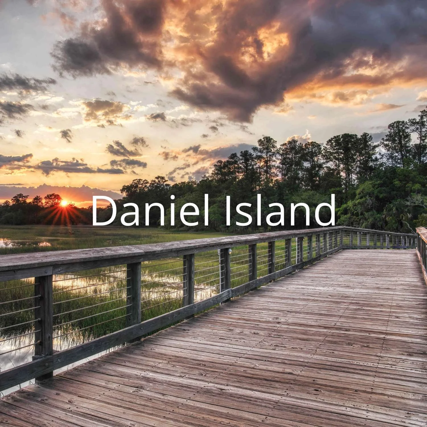 Sunset over a wooden boardwalk on Daniel Island with trees and a pond in the background.