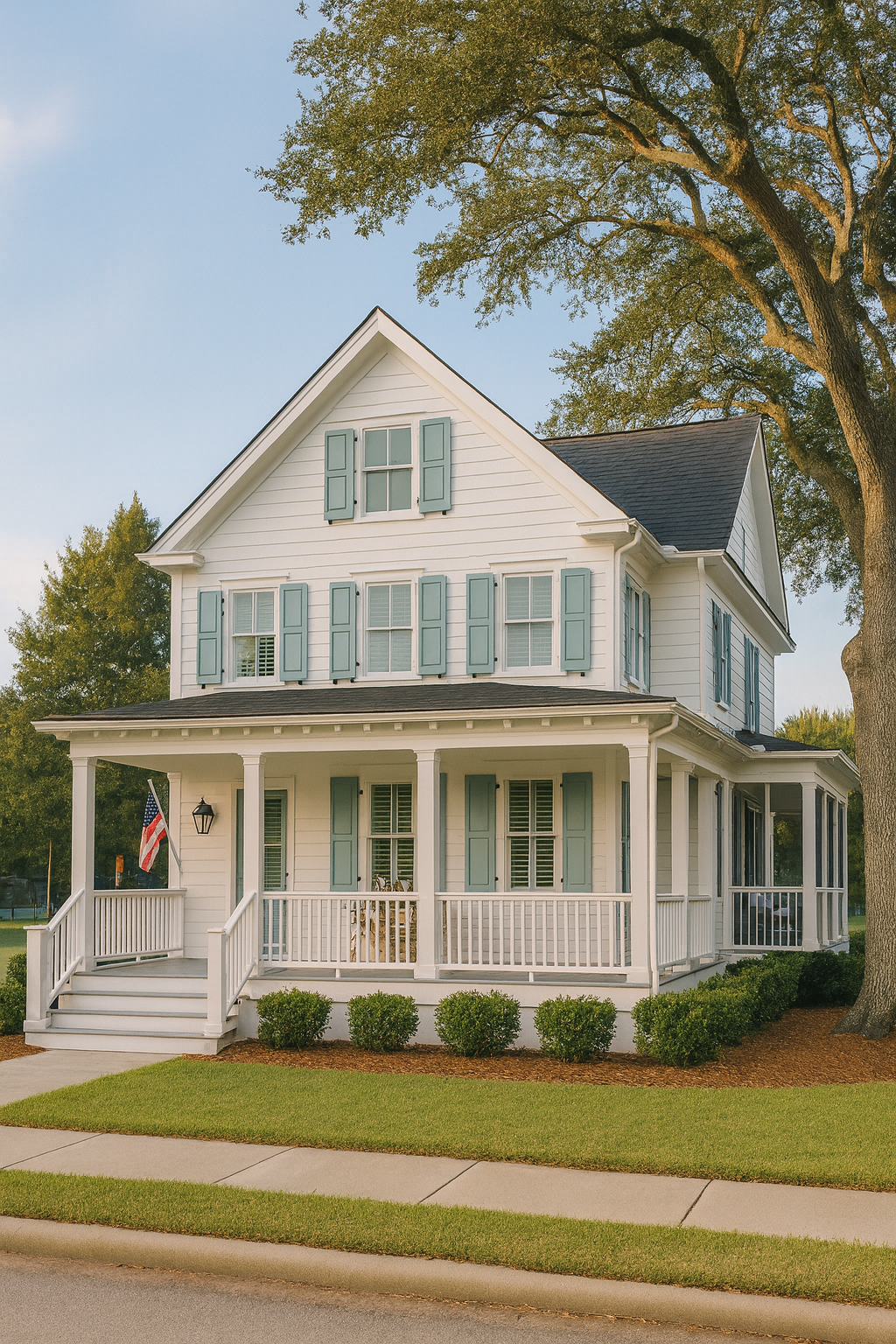 A white two-story house with light blue shutters, front porch, and a large tree in the yard.