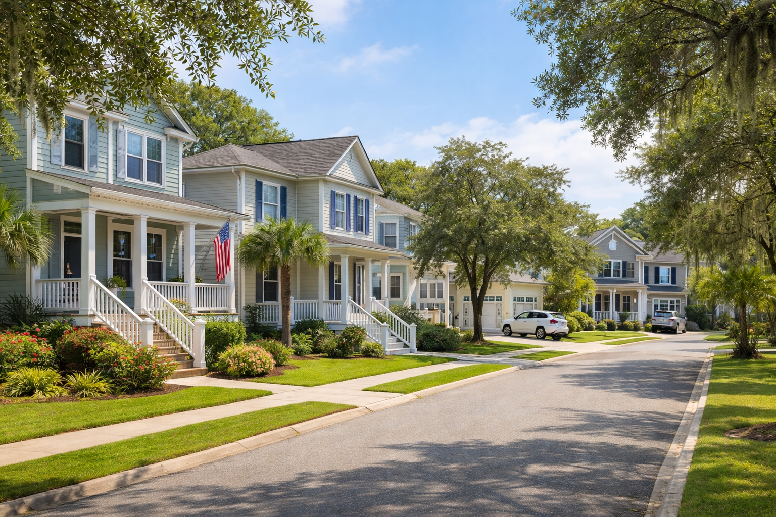 Residential neighborhood with pastel-colored houses, green lawns, trees, and parked cars on a sunny day.