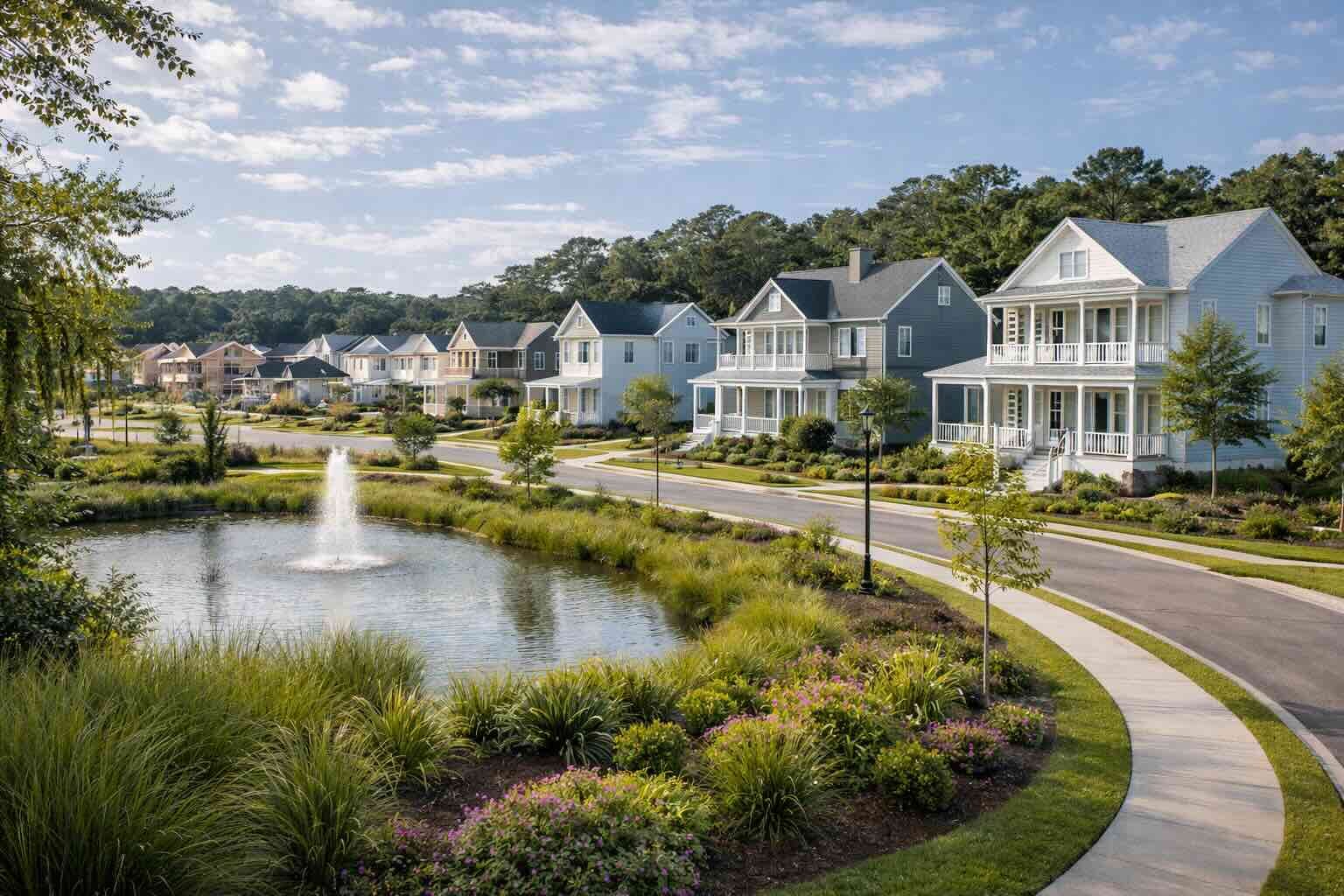 A suburban neighborhood with colorful houses, a pond with a fountain, manicured lawns, trees, and a winding sidewalk on a sunny day.
