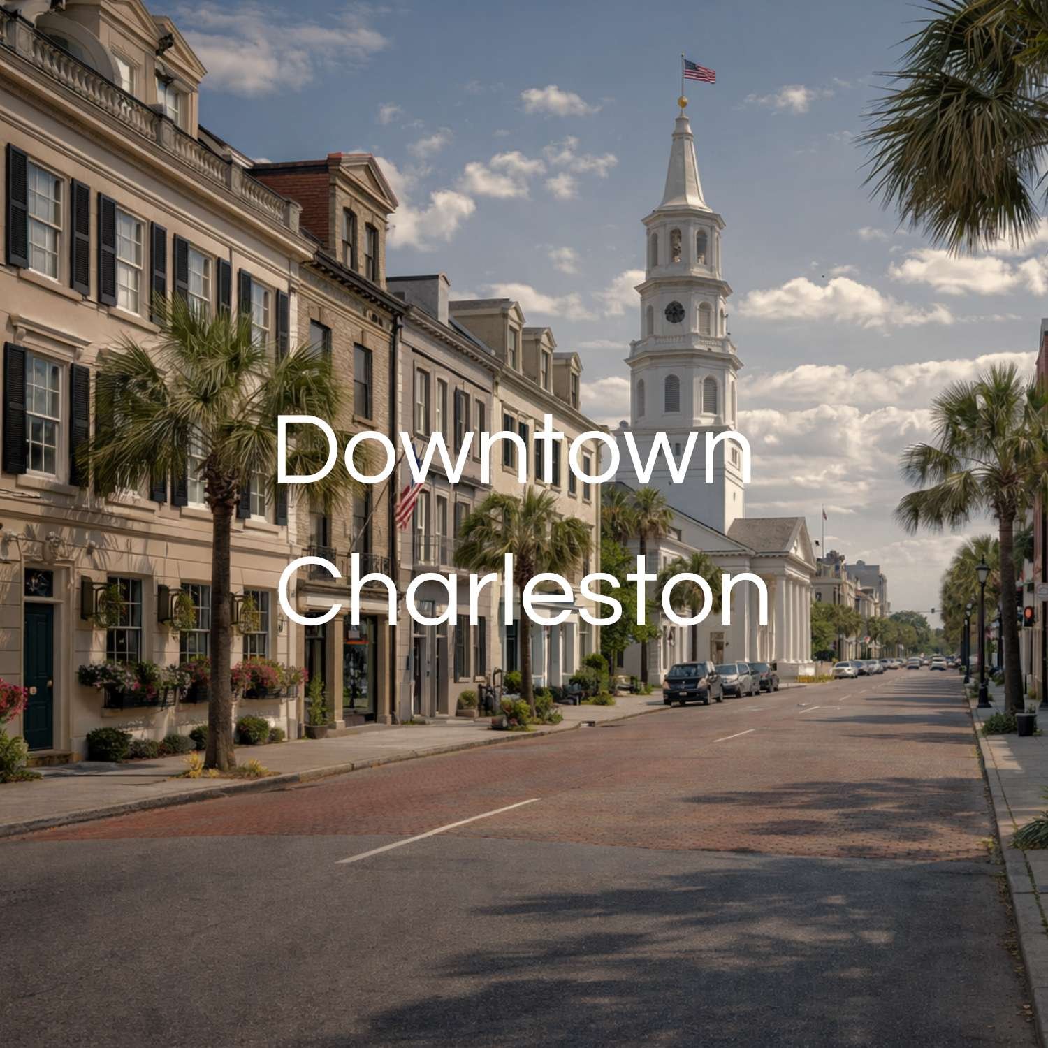 Downtown Charleston street with historic buildings, palm trees, and a church steeple