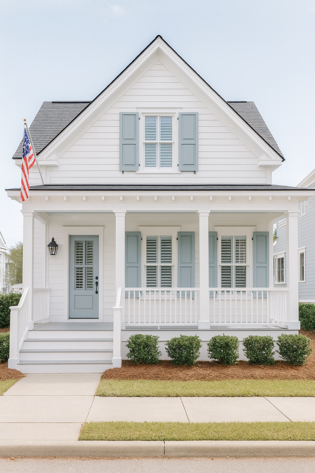 A white two-story house with blue shutters, a front porch, and an American flag on a pole.