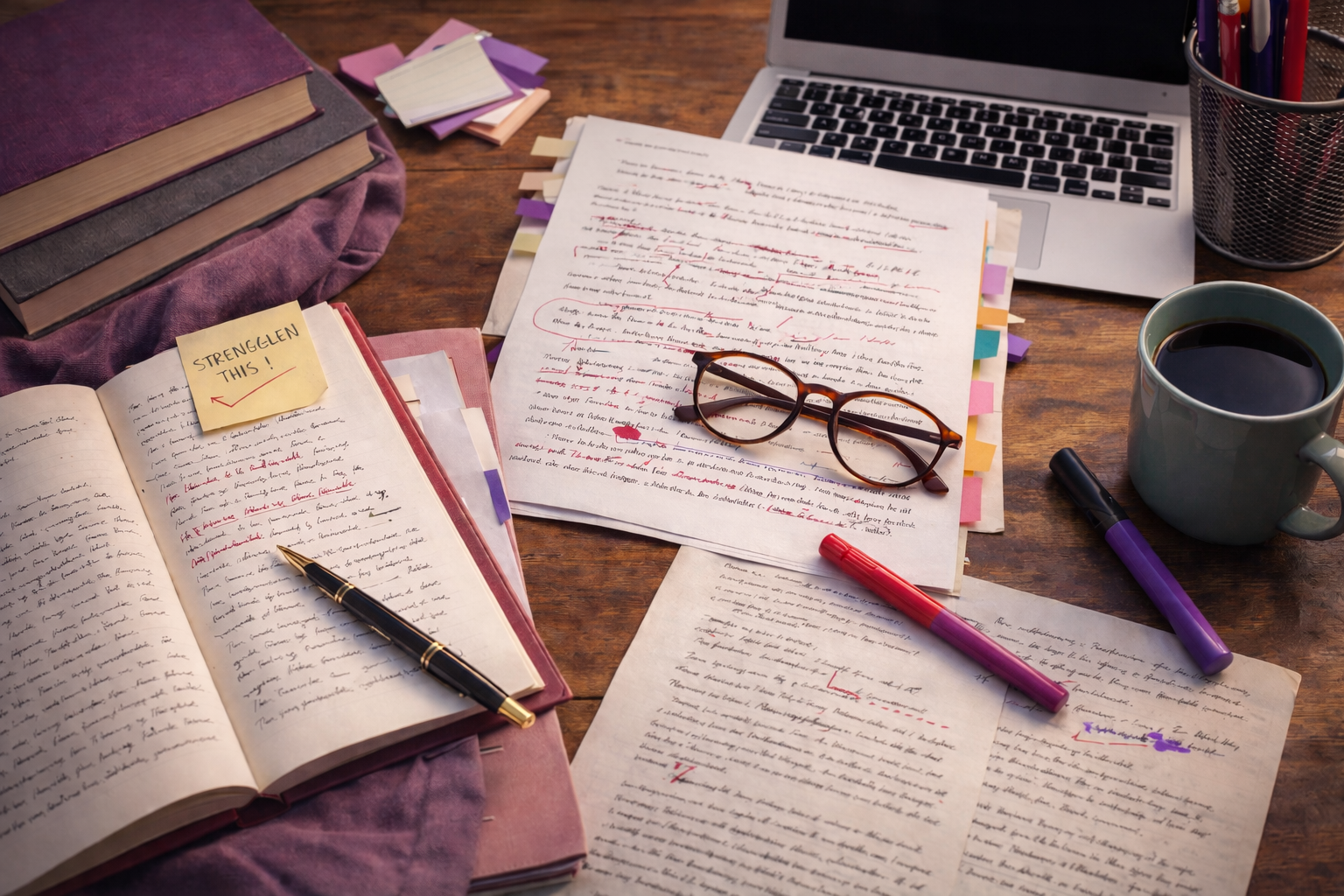 A cluttered wooden desk with open notebooks, handwritten papers with red markings, sticky notes, pens, eyeglasses, a mug of coffee, and a laptop.