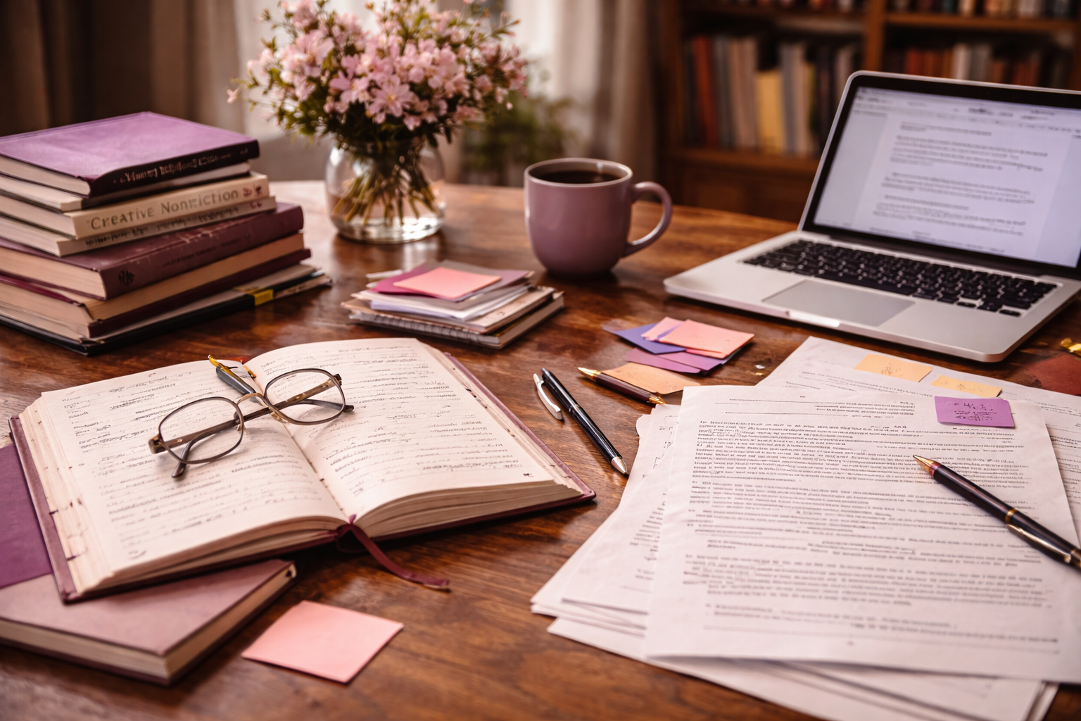 Cluttered wooden desk with open notebooks, scattered papers, colorful sticky notes, a pair of glasses, pens, a laptop, a mug of coffee, a stack of books including some titled 'Creative Nonfiction,' and a vase with pink flowers, in a room with wooden bookshelves.
