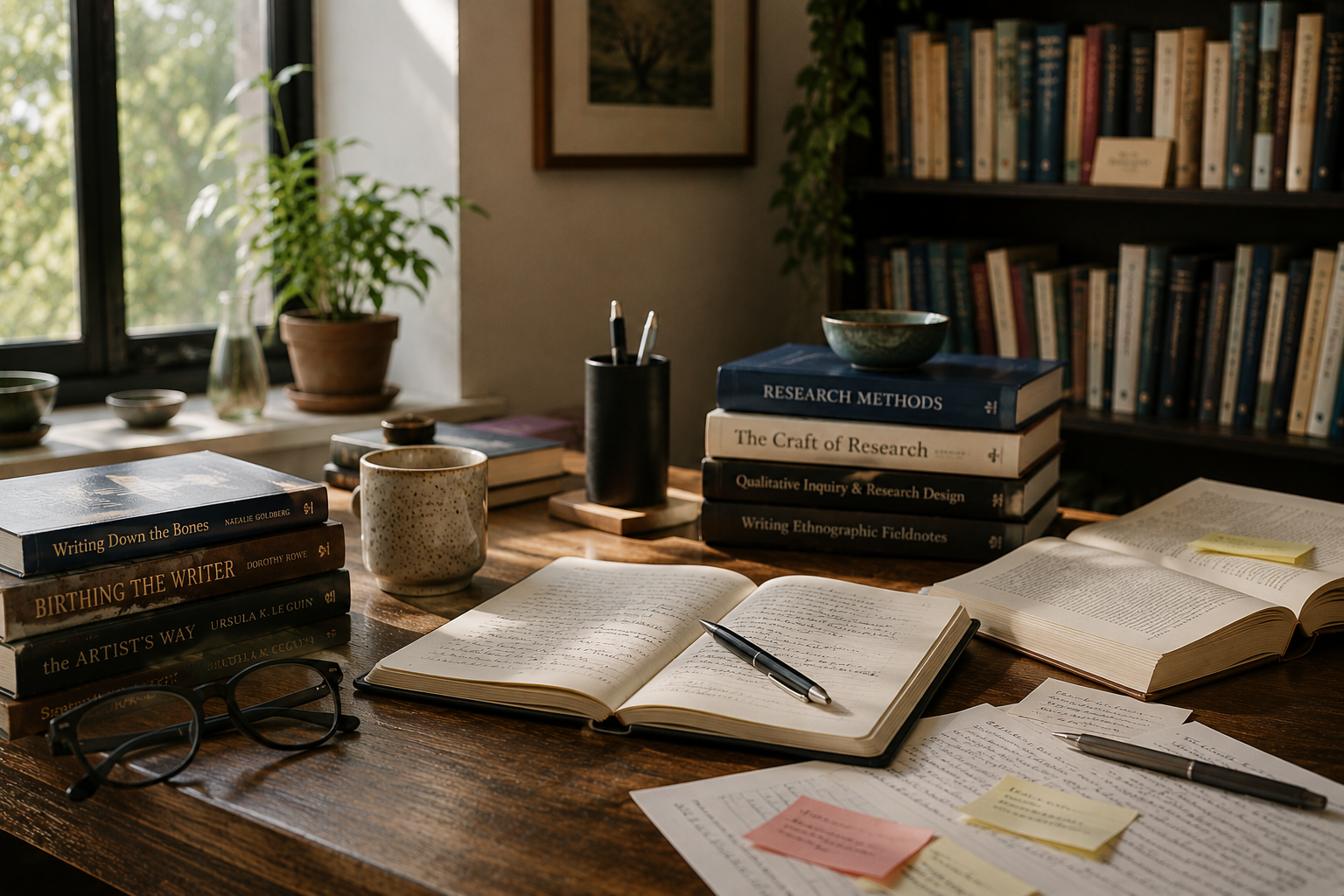 Cluttered wooden desk with open notebooks, handwritten papers with red and blue markings, a pair of glasses, pens, sticky notes, a laptop, a mug of coffee, and a container of pens.